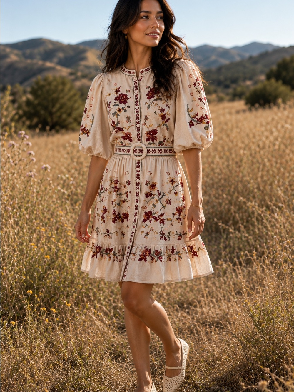 Caroline Constas Bohemian Cream Dress with Floral Print + Embroidery